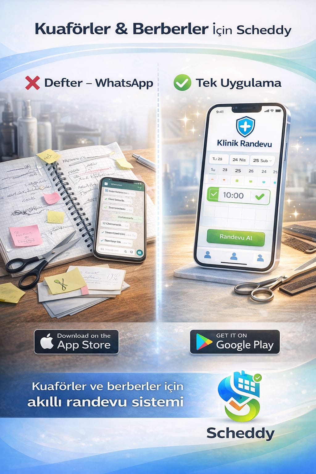 Kuaförler ve berberler için Scheddy – defter ve WhatsApp yerine tek akıllı randevu uygulaması
