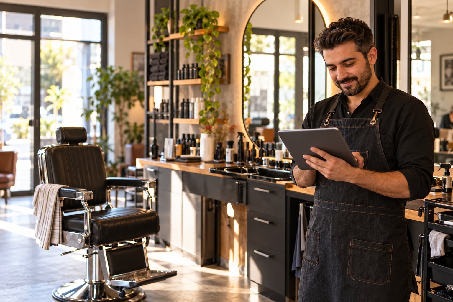 İşletmesinin randevu takvimini tablet üzerinden yöneten berber