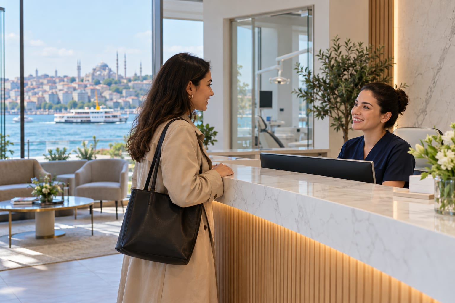 İstanbul'da hasta kabulü yapan modern bir diş kliniğinin danışma alanı