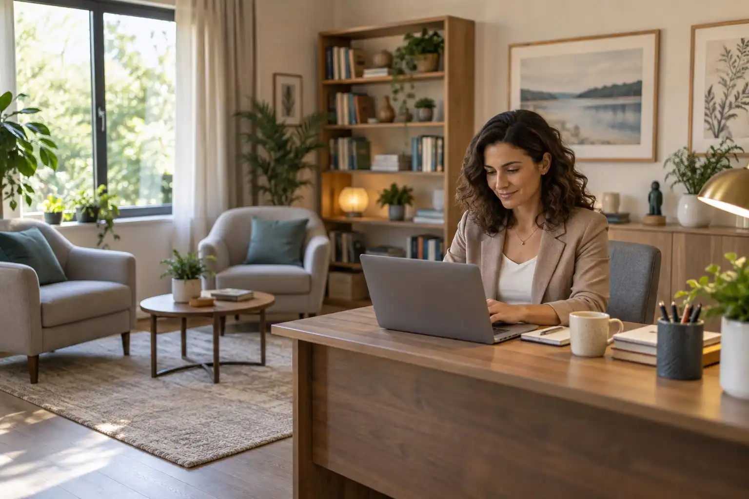 Psikoloğun sakin görüşme odasında online randevu takvimini düzenlemesi