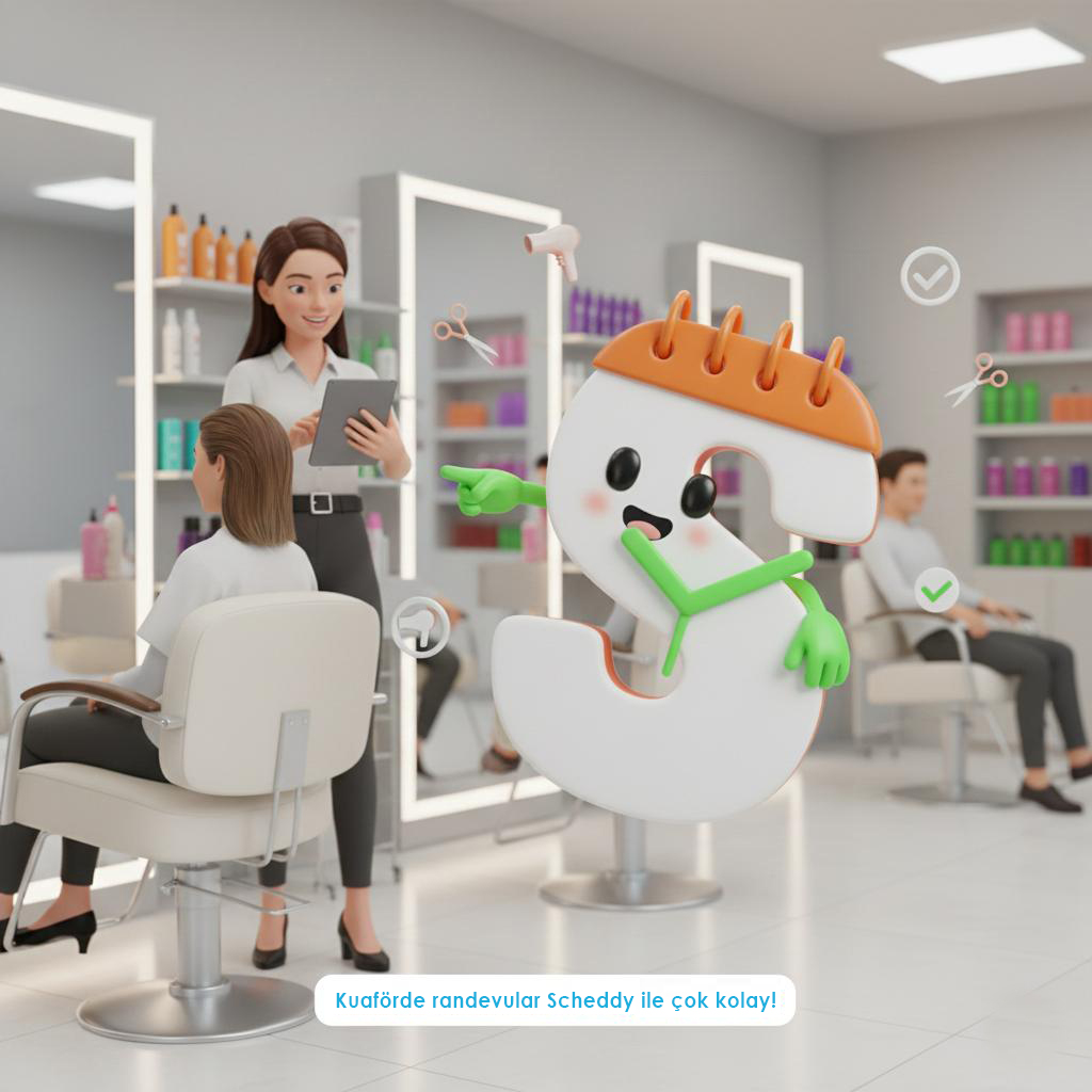 Kuaför salonunda Scheddy ile randevu yönetimi – maskot ve kuaför çalışanı