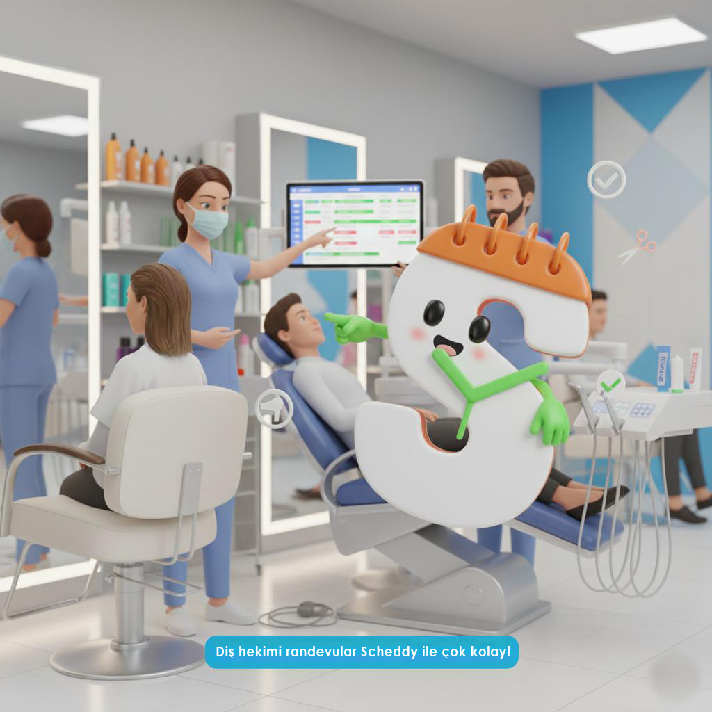 Diş kliniğinde Scheddy randevu yönetimi – maskot ve klinik ortamı