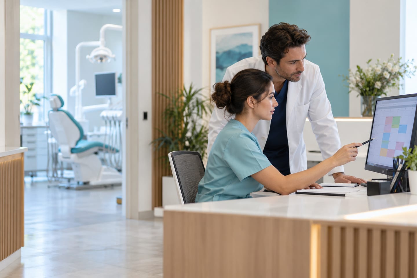 Diş kliniği resepsiyonunda günlük randevu takvimini birlikte inceleyen diş hekimi ve çalışan