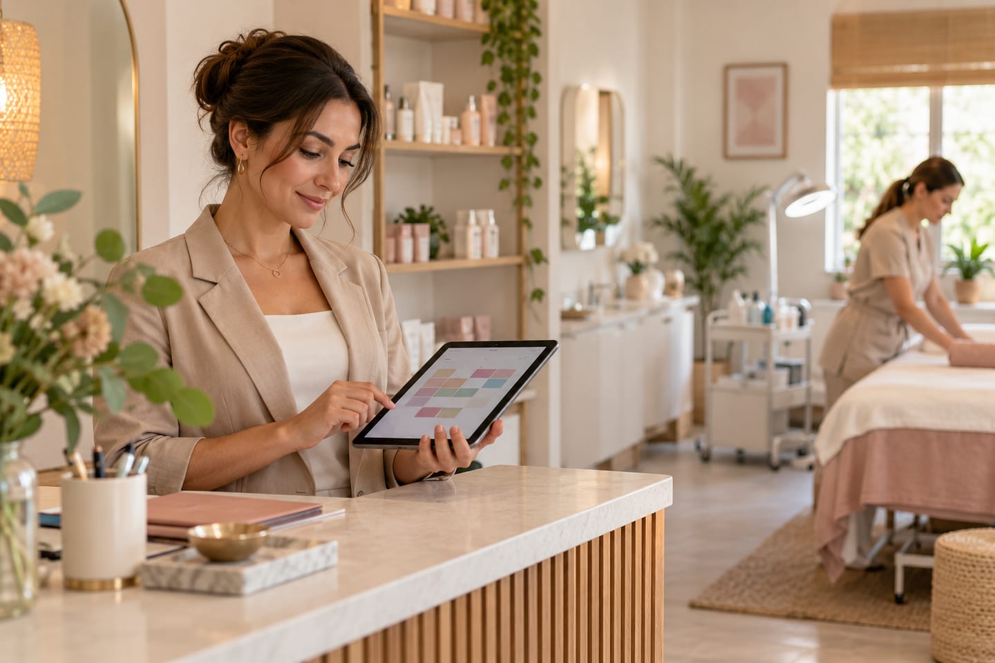 Güzellik merkezinde tablet üzerinden personel ve randevu planlayan işletme yöneticisi