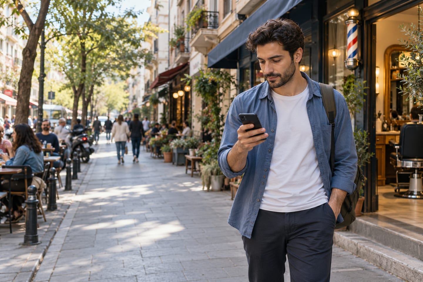 Şehir içinde telefonundan yakındaki berber ve randevu seçeneklerini inceleyen kullanıcı